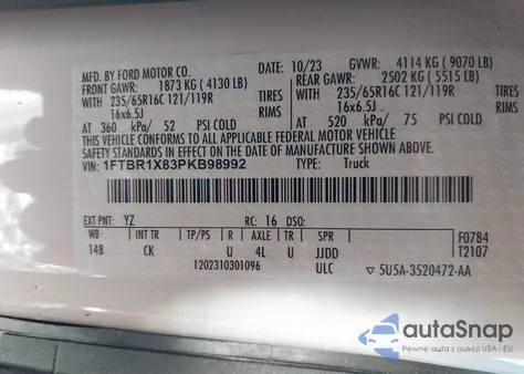 2023 Ford Transit-250 from USA, damaged, VIN 1FTBR1X83PKB98992